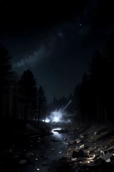 A starry sky over a quiet forest with a babbling brook, Triangle, Smoke, Comic, effect light, A violent explosion rocks the area, sending shards of debris hurtling through the air, <lora:epiNoiseoffset_v2Pynoise:2>