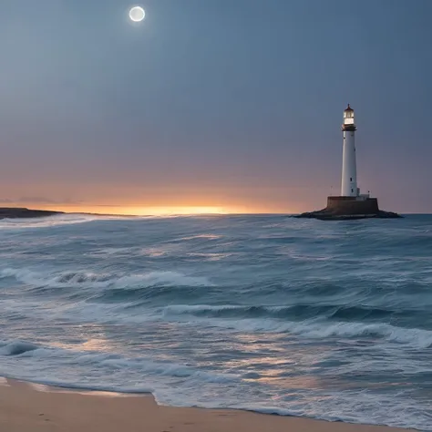 A moonlit beach with crashing waves and a solitary lighthouse, Diagonal, Chromatic, background light