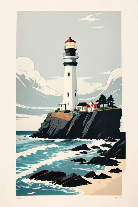 A remote lighthouse on a rocky shore, Woodcut, Gerbera, delicate, Warhol, <lora:epiNoiseoffset_v2Pynoise:2>