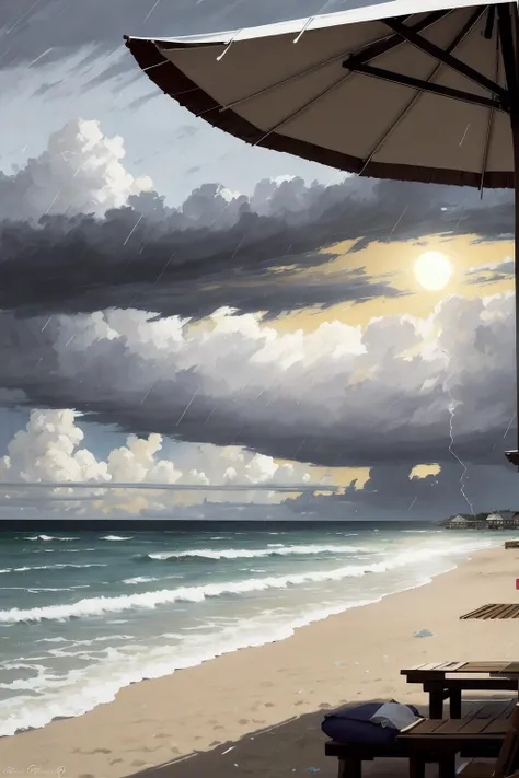 A bright sun over a peaceful beach with cabanas and umbrellas, tonalism oil painting, Lavender, intricate, Basquiat, A fierce storm with hailstones pounding the ground, <lora:epiNoiseoffset_v2Pynoise:2>