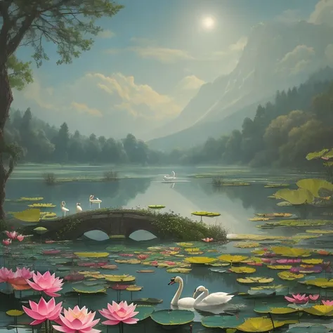 A lake with a swan and a lotus, Grace, peaceful, realistic, Radial, Contrast, incandescent, gobo light