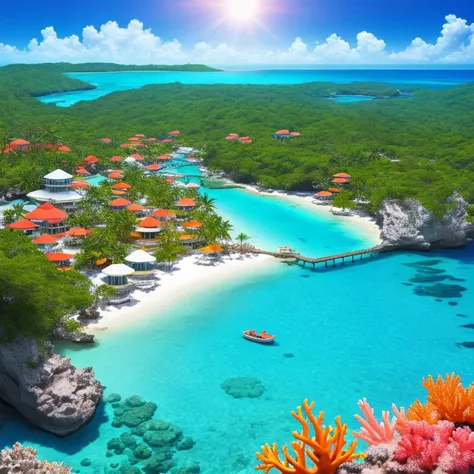 A tropical island with crystal clear waters and colorful coral reefs, Stability, Panning, Fantasy, incandescent, pool light