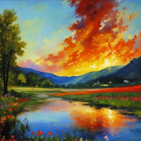 A landscape where the sky is made of fire and the ground is made of water, impressionism oil painting, Snapdragon, striking, Manet