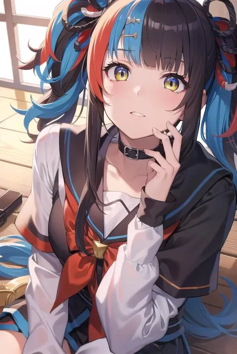 seishounagon, <lora:seishounagon-lora-nochekaiser:1>,
sei shounagon, aqua hair, black hair, blunt bangs, multicolored hair, red hair, twintails, (yellow eyes:1.5),
BREAK black sailor collar, black shirt, black skirt, choker, pleated skirt, puffy sleeves, sailor collar, shirt, skirt, bow, red bow,
BREAK looking at viewer,
BREAK indoors,
BREAK <lyco:GoodHands-beta2:1>, (masterpiece:1.2), best quality, high resolution, unity 8k wallpaper, (illustration:0.8), (beautiful detailed eyes:1.6), extremely detailed face, perfect lighting, extremely detailed CG, (perfect hands, perfect anatomy),
