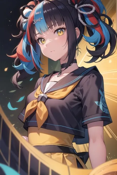 seishounagon, <lora:seishounagon-lora-nochekaiser:1>,
sei shounagon, aqua hair, black hair, blunt bangs, multicolored hair, red hair, twintails, (yellow eyes:1.5),
BREAK black sailor collar, black shirt, black skirt, choker, pleated skirt, puffy sleeves, sailor collar, shirt, skirt, bow, red bow,
BREAK looking at viewer,
BREAK indoors,
BREAK <lyco:GoodHands-beta2:1>, (masterpiece:1.2), best quality, high resolution, unity 8k wallpaper, (illustration:0.8), (beautiful detailed eyes:1.6), extremely detailed face, perfect lighting, extremely detailed CG, (perfect hands, perfect anatomy),