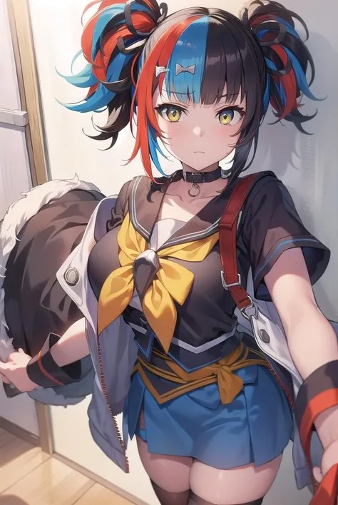 seishounagon, <lora:seishounagon-lora-nochekaiser:1>,
sei shounagon, aqua hair, black hair, blunt bangs, multicolored hair, red hair, twintails, (yellow eyes:1.5),
BREAK black sailor collar, black shirt, black skirt, choker, pleated skirt, puffy sleeves, sailor collar, shirt, skirt, bow, red bow,
BREAK looking at viewer,
BREAK indoors,
BREAK <lyco:GoodHands-beta2:1>, (masterpiece:1.2), best quality, high resolution, unity 8k wallpaper, (illustration:0.8), (beautiful detailed eyes:1.6), extremely detailed face, perfect lighting, extremely detailed CG, (perfect hands, perfect anatomy),