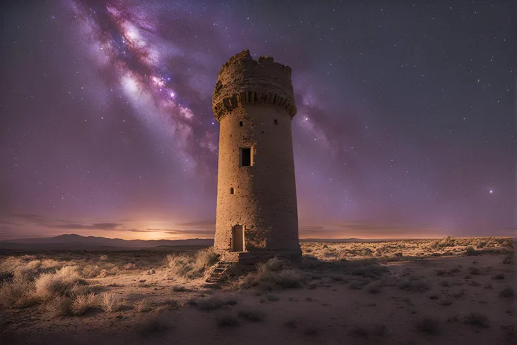 by greg rutkowski, (masterpiece, best quality), flying ruins of an ancient tower, desert, outdoors, letterboxed, night, sky, cloud, black hair, moonlight, purple flower, blurry, starry sky, depth of field
