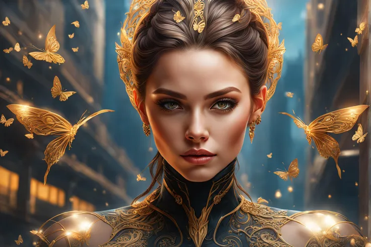 photo, 8k portrait of beautiful cyborg with brown hair, intricate, elegant, highly detailed, majestic, digital photography, art by artgerm and ruan jia and greg rutkowski surreal painting gold butterfly filigree, broken glass, (masterpiece, sidelighting, finely detailed beautiful eyes: 1.2), hdr, realistic, high definition