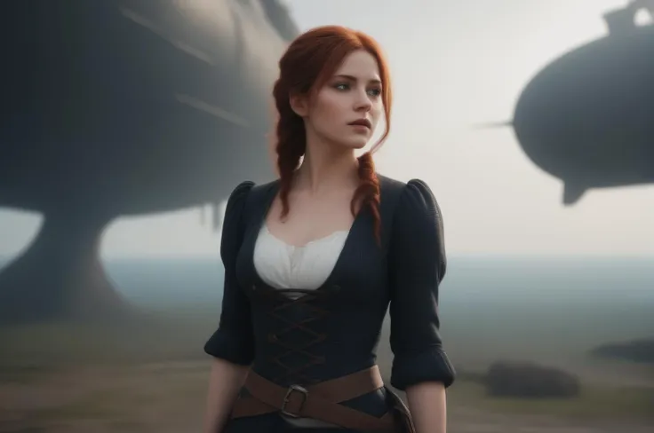 (back facing view:0.2) 30 year old pirate woman,red hair, green eyes, falling from sky, holding cat close to chest in right hand, airship in background, 8k, hyper realistic, real life, realism, ultra definition, floor, in swampland, bloodborne
