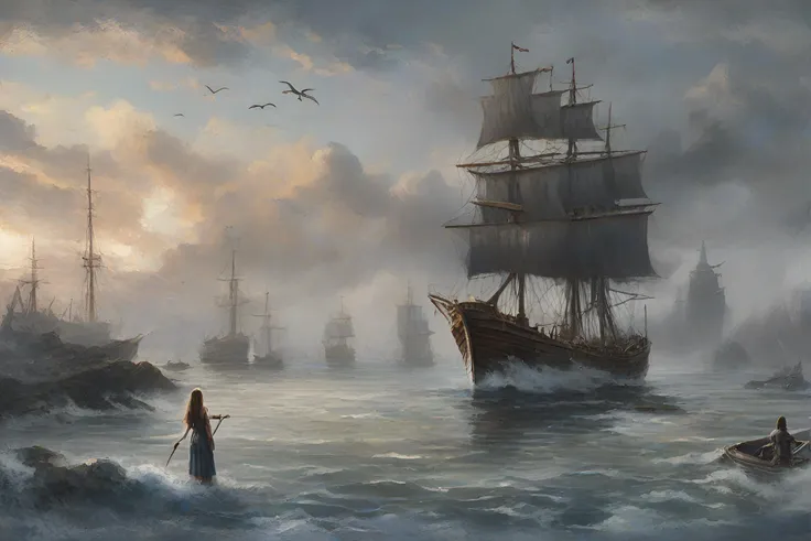 masterpiece, best quality, greg rutkowski, scenery, water, standing, fog, from behind, solo, outdoors, watercraft, long hair, cloud, cloudy sky, 1girl, weapon, wide shot, sky, ship, bird , very detailed, high resolution, sharp, sharp image, 4k, 8k,
