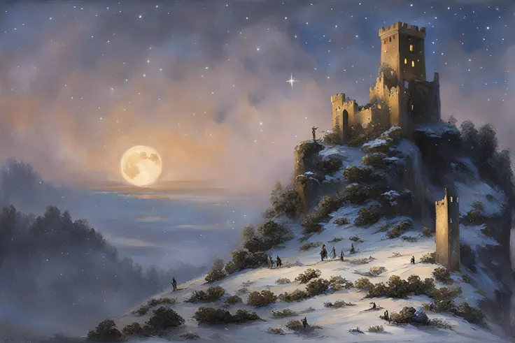 by greg rutkowski, (masterpiece, best quality), flying ruins of an ancient castle, snow, outdoors, letterboxed, night, sky, cloud, black hair, moonlight, blue flower, blurry, starry sky, depth of field
