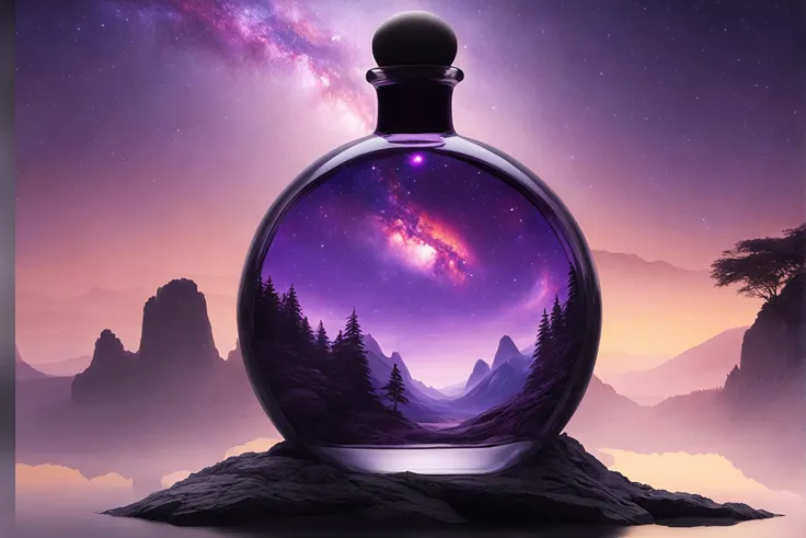 beautiful scenery nature glass bottle landscape, purple galaxy bottle