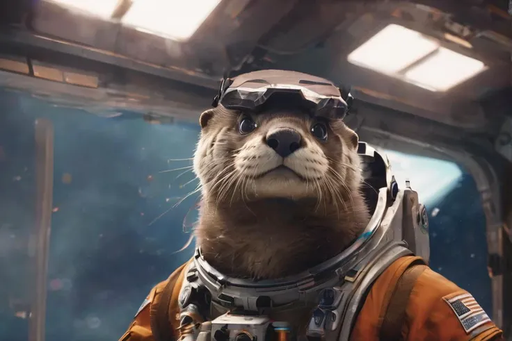 (masterpiece), (extremely intricate:1.3), dslr, 8k, 4k, ultrarealistic, (realistic1.3), hd, A detailed scene of an anthropomorphic otter dressed in a detailed astronaut suit, (fullbody:1.3), in the midst of an action-packed spacewalk, with a backdrop of a distant glowing galaxy, Atmosphere is suspenseful and thrilling, (dramatic lighting:1.5), (floating debris:1.3), (otter's determined expression:1.4), (reflection of the galaxy on the visor:1.5), Style reminiscent of the dramatic scenes captured, Sci-Fi Fantasy, Ultra-high resolution, cinematic, vivid, high-definition
