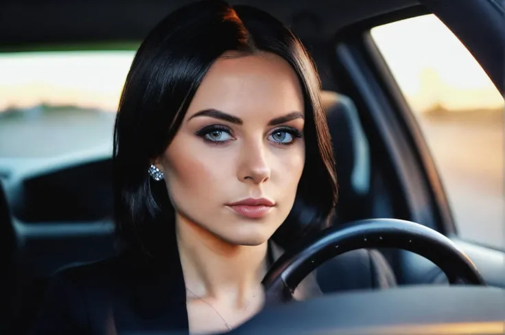 portrait of charming beautiful caucasian girl driving a black car, black suit, temperament, elegance, 25 years old, big tit, eyes look a bit sad, High quality, intricate details, ultra precious details, photorealistic, lifelike, photography, 4k, sharp focus, intricate details, highly detailed, romantic sunset
