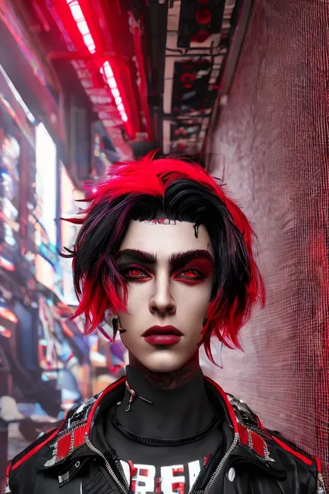 dskflll, nonbinary transmasculine person with  black and red punk styled hair,  incredibly detailed beauty, standing inside an arcade, rim lighting, cinematic ,lighting ,photo quality, octane render, extremely detailed, 8k concept, 128k, 108mp DSLR,  dskflll