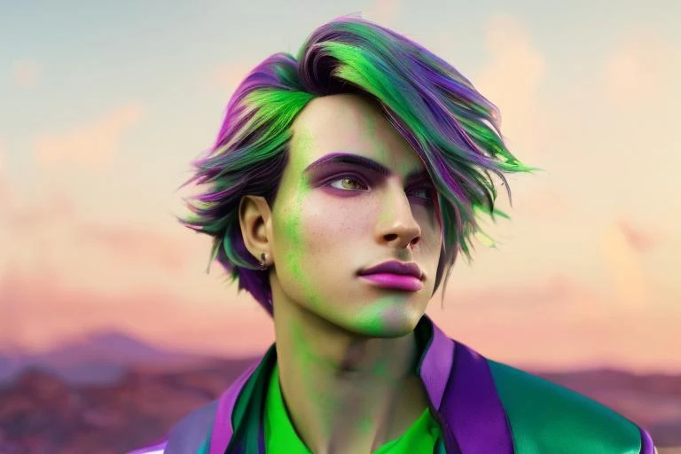 dskflll, nonbinary transmasculine person with  green purple red streaked hair,  incredibly detailed beauty, standing inside an arcade, rim lighting, cinematic ,lighting ,photo quality, octane render, extremely detailed, 8k concept, 128k, 108mp DSLR,  dskflll