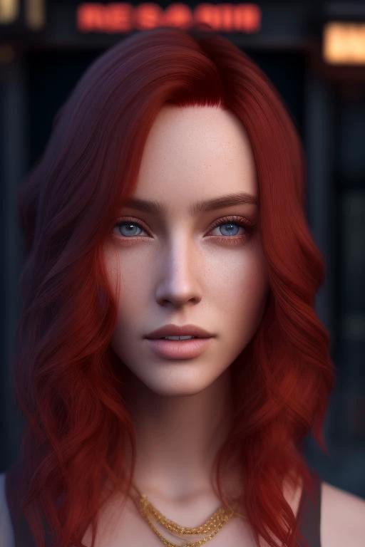 dskflll, 1girl, solo, a woman with red hair, incredibly detailed beauty,brown eyes, standing outside a bar in minneapolis, rim lighting, cinematic ,lighting ,photo quality, octane render, extremely detailed, 8k concept, 128k, 108mp DSLR,  dskflll