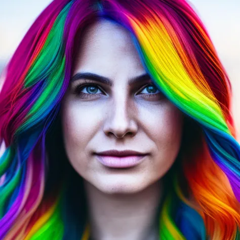 dskflll, 1girl, solo, a woman with rainbow hair, incredibly detailed beauty, photorealism, smirk, brown eyes,  rim lighting, cinematic ,lighting ,photo quality, vivid, kodak colors, 8k concept, 128k, 108mp DSLR,  dskflll