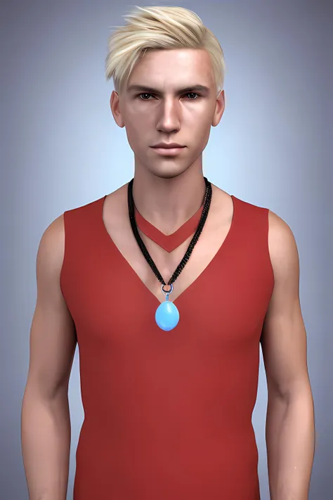 dskflll, 1boy, male_focus, blonde hair, a man with a blue shirt and a necklace on his neck ,photorealism, rim lighting, studio lighting, AGFA colors, dskflll