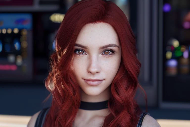 dskflll, 1girl, solo, a woman with  red  hair, american heritage, smirk, camera focus, bokeh,  incredibly detailed beauty,brown eyes, standing inside an arcade, rim lighting, cinematic ,lighting ,photo quality, octane render, extremely detailed, 8k concept, 128k, 108mp DSLR,  dskflll