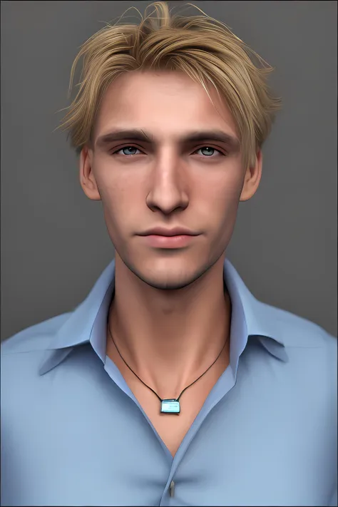 dskflll, 1boy, male_focus, blonde hair, a man with a blue shirt and a necklace on his neck ,photorealism, rim lighting, studio lighting, AGFA colors, dskflll