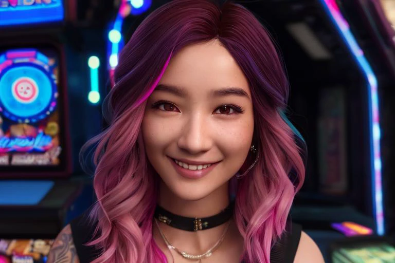 dskflll, 1girl, solo, a woman with  pink blue hair,happy, smiling, camera focus, bokeh,  incredibly detailed beauty,brown eyes, standing inside an arcade, rim lighting, cinematic ,lighting ,photo quality, octane render, extremely detailed, 8k concept, 128k, 108mp DSLR,  dskflll