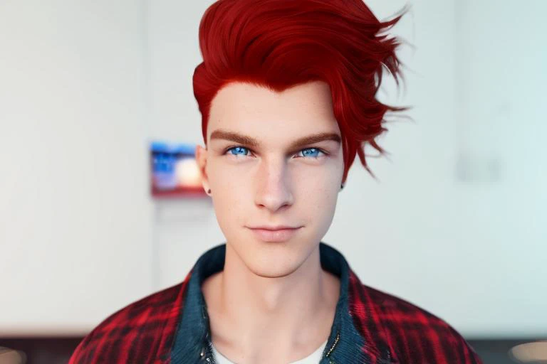 dskflll, 1boy, solo, male with  red  hair, american heritage, smirk, camera focus, bokeh,  incredibly detailed beauty,blue eyes, standing inside an arcade, rim lighting, cinematic ,lighting ,photo quality, octane render, extremely detailed, 8k concept, 128k, 108mp DSLR,  dskflll