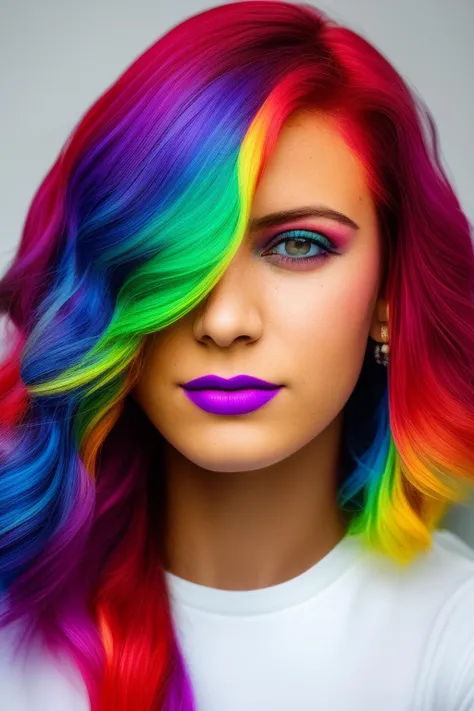 dskflll, 1girl, solo, a woman with rainbow hair, incredibly detailed beauty,brown eyes,  rim lighting, cinematic ,lighting ,photo quality, vivid, kodak colors, 8k concept, 128k, 108mp DSLR,  dskflll