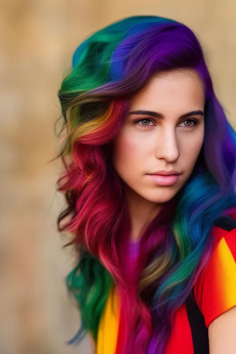 dskflll, 1girl, solo, a woman with rainbow hair, incredibly detailed beauty,brown eyes,  rim lighting, cinematic ,lighting ,photo quality, vivid, kodak colors, 8k concept, 128k, 108mp DSLR,  dskflll