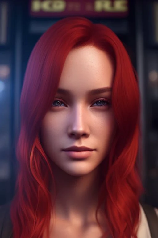 dskflll, 1girl, solo, a woman with red hair, incredibly detailed beauty,brown eyes, standing outside a bar in minneapolis, rim lighting, cinematic ,lighting ,photo quality, octane render, extremely detailed, 8k concept, 128k, 108mp DSLR,  dskflll