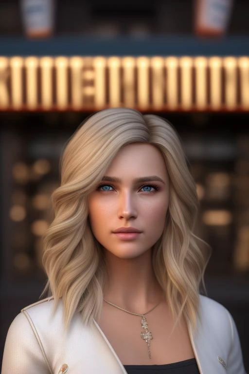 dskflll, 1girl, solo, a woman with blonde  hair, incredibly detailed beauty,brown eyes, standing outside a bar in minneapolis, rim lighting, cinematic ,lighting ,photo quality, octane render, extremely detailed, 8k concept, 128k, 108mp DSLR,  dskflll