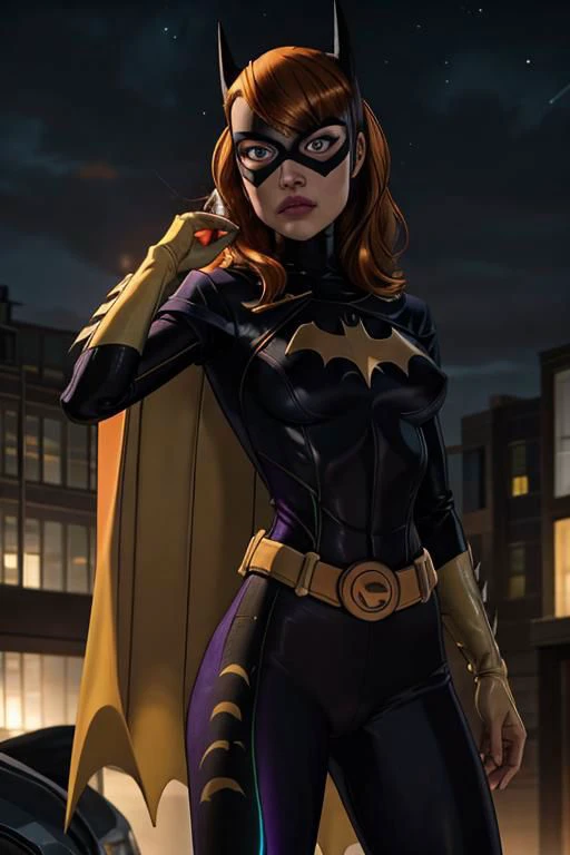 a woman, masterpiece, best quality, 1girl,batgirl of burnside, atmospheric scene, (detailed beautiful face, detail skin texture, ultra-detailed body:1.1),, ((extreme skin detail)), hdr, ((ultrarealistic)), (((petite))), (((orange hair))), roof top, medium breasts, iridescent (((purple bodysuit))), (((yellow batman logo))), ((super tight see through purple yoga pants)), batman mask covers head, purple cowl cover top of face, dark eye make up, cape, yellow utility belt, clothed nipples, camel toe, glowing stars, black lit