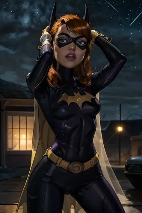a woman, masterpiece, best quality, 1girl,batgirl of burnside, atmospheric scene, (detailed beautiful face, detail skin texture, ultra-detailed body:1.1),, ((extreme skin detail)), hdr, ((ultrarealistic)), (((petite))), (((orange hair))), roof top, medium breasts, iridescent (((purple bodysuit))), (((yellow batman logo))), ((super tight see through purple yoga pants)), batman mask covers head, purple cowl cover top of face, dark eye make up, cape, yellow utility belt, clothed nipples, camel toe, glowing stars, black lit
