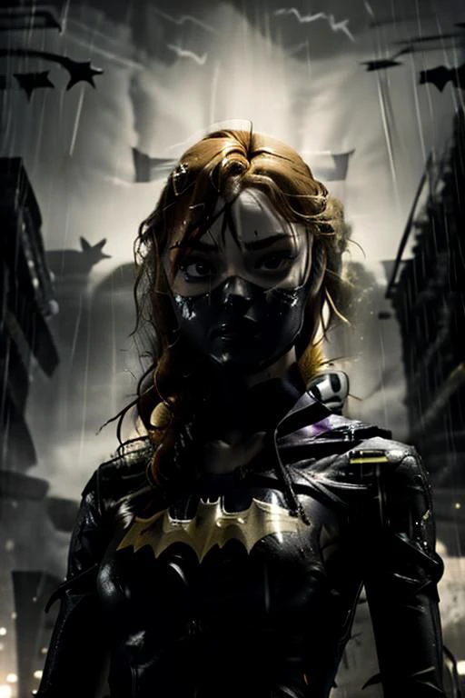 ((from below)), a woman, masterpiece, best quality, 1girl,batgirl of burnside, atmospheric scene, (detailed beautiful face, detail skin texture, ultra-detailed body:1.1),, ((extreme skin detail)), hdr, ((ultrarealistic)), (((petite))), (((soaking wet orange hair))), (((heavy rain))), roof top, medium breasts, iridescent (((super skin tight purple bodysuit))), (((yellow batman logo))), batman mask covers head, purple cowl cover top of face, dark eye make up, cape, yellow utility belt, clothed nipples, camel toe, black lit