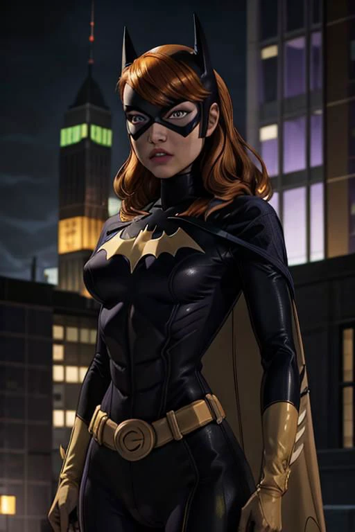 a woman, masterpiece, best quality, 1girl,batgirl of burnside, atmospheric scene, (detailed beautiful face, detail skin texture, ultra-detailed body:1.1),, ((extreme skin detail)), hdr, ((ultrarealistic)), (((petite))), (((orange hair))), roof top, medium breasts, iridescent (((purple bodysuit))), (((yellow batman logo))), ((super tight see through purple yoga pants)), batman mask covers head, purple cowl cover top of face, dark eye make up, cape, yellow utility belt, clothed nipples, camel toe, glowing stars, black lit