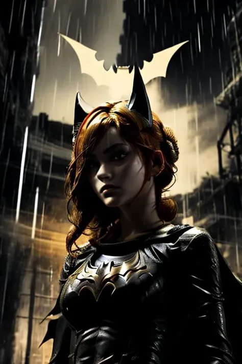 ((from below)), a woman, masterpiece, best quality, 1girl,batgirl of burnside, atmospheric scene, (detailed beautiful face, detail skin texture, ultra-detailed body:1.1),, ((extreme skin detail)), hdr, ((ultrarealistic)), (((petite))), (((soaking wet orange hair))), (((heavy rain))), roof top, medium breasts, iridescent (((super skin tight purple bodysuit))), (((yellow batman logo))), batman mask covers head, purple cowl cover top of face, dark eye make up, cape, yellow utility belt, clothed nipples, camel toe, black lit