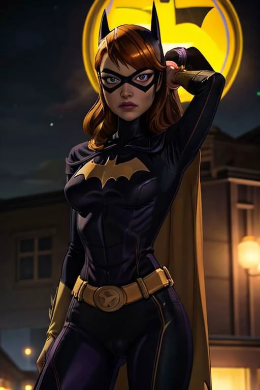 a woman, masterpiece, best quality, 1girl,batgirl of burnside, atmospheric scene, (detailed beautiful face, detail skin texture, ultra-detailed body:1.1),, ((extreme skin detail)), hdr, ((ultrarealistic)), (((petite))), (((orange hair))), roof top, medium breasts, iridescent (((purple bodysuit))), (((yellow batman logo))), ((super tight see through purple yoga pants)), batman mask covers head, purple cowl cover top of face, dark eye make up, cape, yellow utility belt, clothed nipples, camel toe, glowing stars, black lit