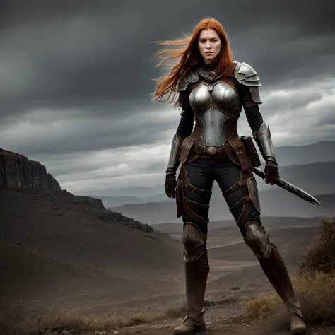 fullbody with legs, sorrowful looking redhead (irish) woman, slender and agile, of tall height. Facial features showcase the hardness of a life lived on the border between survival and desolation, sad red eyes. The eyes, though deep and expressive, carry the weight of past experiences and reveal a resilient determination. The skin, marked by the scars and dirt of time and battles, she wears a big scar on the left cheek and on the right tight, displays a pale tone that contrasts with the darkness around. Dark, windswept hair flows in unruly strands, reflecting the constant wind that cuts through the wreckage of civilization. wearing a des3rt4rmor ,desertpunk knight armor ragged after fights with a golden cross on the chest, sword. Each piece of clothing seems chosen to withstand the rigors of the hostile environment but also to avoid drawing too much attention. On the face, wounds recently made, traces of faded makeup still stand out, reminiscent of a time when vanity and authenticity coexisted. The gaze, at times distant, seems to capture the shadows of the past and the uncertain promise of the future.