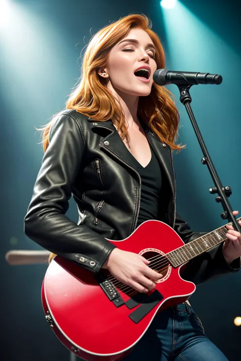 DEN_jia_lissa dressed in a leather jacket and jeans on stage playing the guitar and singing, rocker, rock chick, music, concert, stage, guitar, rock,
intricate, busy, cinematic lighting, 40mm, f2,8, shadows,
masterpiece, high detail, detailed, photorealistic, beautiful eyes,