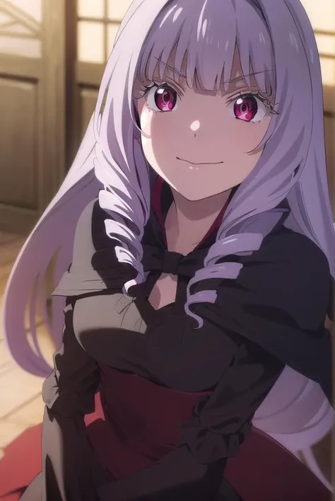 joannajoannascoreadorianuljika, <lora:joanna joannascore adorian uljika s1-lora-nochekaiser:1>,
joanna joannascore adorian uljika, long hair, bangs, (red eyes:1.3), purple hair, hair intakes, drill hair, bangs, smile,
BREAK dress, ribbon, black dress, capelet, frills, long sleeves,
BREAK indoors, castle,
BREAK looking at viewer, (cowboy shot:1.5), dynamic pose,
BREAK <lyco:GoodHands-beta2:1>, (masterpiece:1.2), best quality, high resolution, unity 8k wallpaper, (illustration:0.8), (beautiful detailed eyes:1.6), extremely detailed face, perfect lighting, extremely detailed CG, (perfect hands, perfect anatomy),