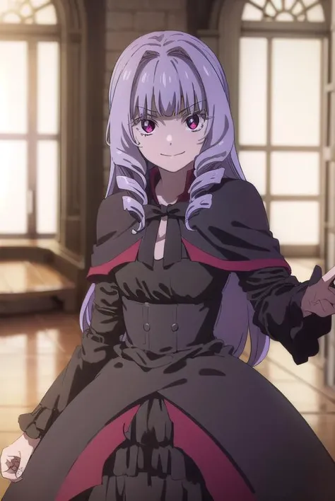 joannajoannascoreadorianuljika, <lora:joanna joannascore adorian uljika s1-lora-nochekaiser:1>,
joanna joannascore adorian uljika, long hair, bangs, (red eyes:1.3), purple hair, hair intakes, drill hair, bangs, smile,
BREAK dress, ribbon, black dress, capelet, frills, long sleeves,
BREAK indoors, castle,
BREAK looking at viewer, (cowboy shot:1.5), dynamic pose,
BREAK <lyco:GoodHands-beta2:1>, (masterpiece:1.2), best quality, high resolution, unity 8k wallpaper, (illustration:0.8), (beautiful detailed eyes:1.6), extremely detailed face, perfect lighting, extremely detailed CG, (perfect hands, perfect anatomy),