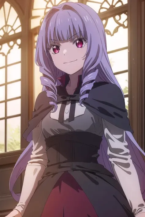 joannajoannascoreadorianuljika, <lora:joanna joannascore adorian uljika s1-lora-nochekaiser:1>,
joanna joannascore adorian uljika, long hair, bangs, (red eyes:1.3), purple hair, hair intakes, drill hair, bangs, smile,
BREAK dress, ribbon, black dress, capelet, frills, long sleeves,
BREAK indoors, castle,
BREAK looking at viewer, (cowboy shot:1.5), dynamic pose,
BREAK <lyco:GoodHands-beta2:1>, (masterpiece:1.2), best quality, high resolution, unity 8k wallpaper, (illustration:0.8), (beautiful detailed eyes:1.6), extremely detailed face, perfect lighting, extremely detailed CG, (perfect hands, perfect anatomy),
