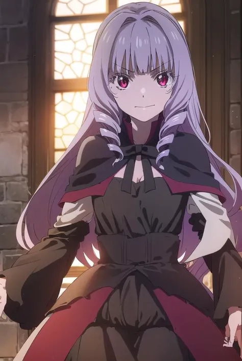 joannajoannascoreadorianuljika, <lora:joanna joannascore adorian uljika s1-lora-nochekaiser:1>,
joanna joannascore adorian uljika, long hair, bangs, (red eyes:1.3), purple hair, hair intakes, drill hair, bangs, smile,
BREAK dress, ribbon, black dress, capelet, frills, long sleeves,
BREAK indoors, castle,
BREAK looking at viewer, (cowboy shot:1.5), dynamic pose,
BREAK <lyco:GoodHands-beta2:1>, (masterpiece:1.2), best quality, high resolution, unity 8k wallpaper, (illustration:0.8), (beautiful detailed eyes:1.6), extremely detailed face, perfect lighting, extremely detailed CG, (perfect hands, perfect anatomy),