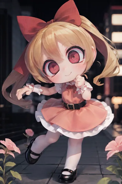 dynamic ungle,(best quality, masterpiece, RAW photo,ultra-detailed:1.2), 1girl, solo, looking at viewer, chibi, powerpuff girls,
(pink dress), long blonde hair, ponytail,(red hair ribbon, red big ribbon), pink eyes,
<lyco:Powerpuff:0.65>Blossom, black belt, white tights, mini skirt, black shoes, smile, city, flying,