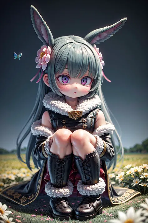 (masterpiece, best quality), (1girl), rabbit ears, fur clothes, fur boots, ultra detailed, cinematic lighting, intricate details, colorful butterflies, (warm light), (specular light:1.2), (flower field background:1.4),