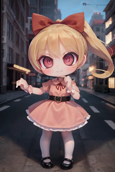 dynamic ungle,(best quality, masterpiece, RAW photo,ultra-detailed:1.2), 1girl, solo, looking at viewer, chibi, powerpuff girls,
(pink dress), long blonde hair, (ponytail), (red hair ribbon, red big ribbon), pink eyes,
<lyco:Powerpuff:0.6>Blossom, black belt, white tights, mini skirt, black shoes, smile, city, flying,