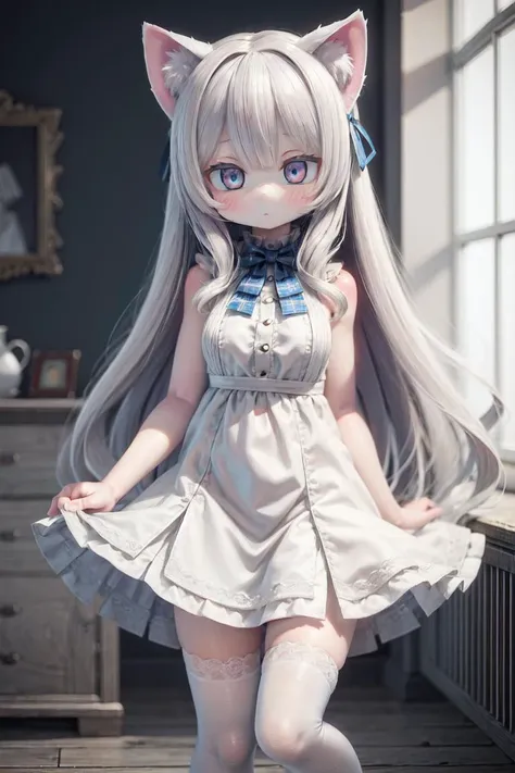 best quality, masterpiece, 1girl, long hair, white hair, blue eyes, medium breasts, (white cat ears), (white dress), white thighhighs, indoors, <lora:add_detail:0.3>