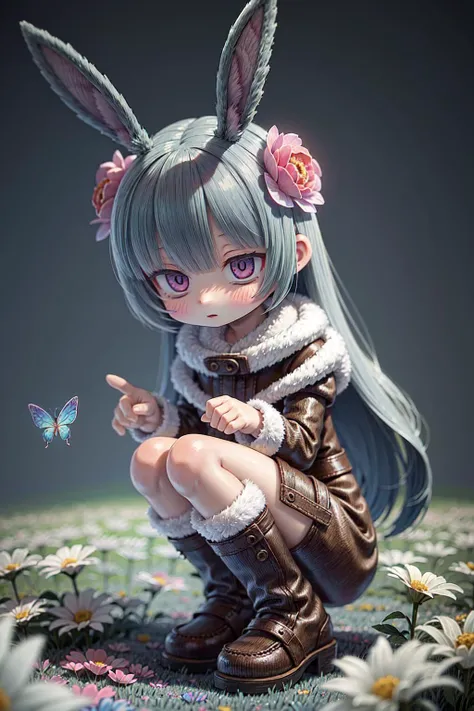 (masterpiece, best quality), (1girl), rabbit ears, fur clothes, fur boots, ultra detailed, cinematic lighting, intricate details, colorful butterflies, (warm light), (specular light:1.2), (flower field background:1.4),