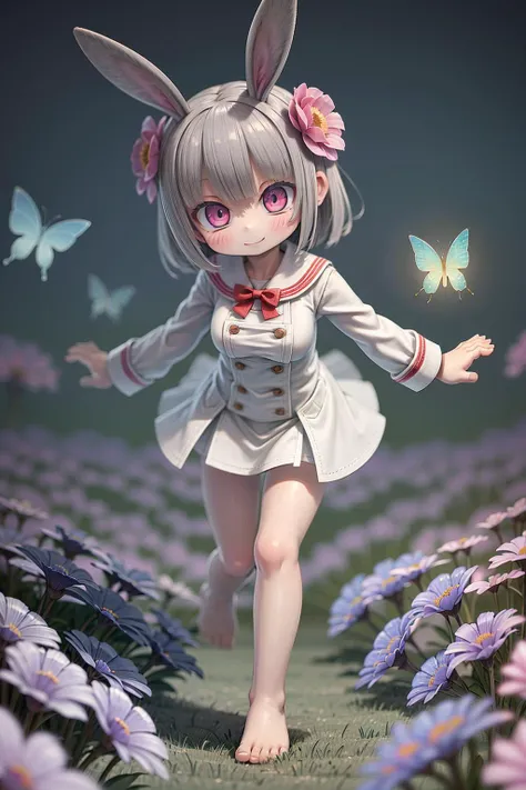 (masterpiece, best quality),(1girl),rabbit ears,ultra detailed,cinematic lighting,intricate details,(warm light),(((Colorful butterflies are flying))),(specular light:1.2),(flower field background:1.4),Smile,Silver Hair,Barefoot,not wearing clothes,no_panties,medium breasts,No skirt,