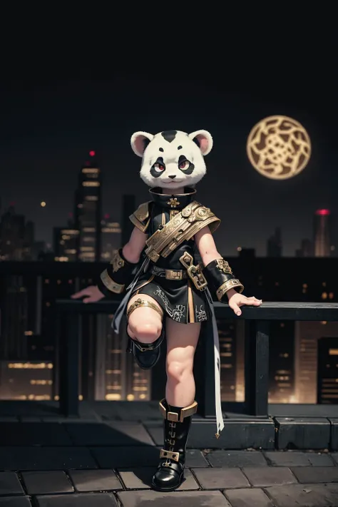 portrait, a cyborg male panda boy, furry, standing, rooftop, mechanical fist, mechanical boots, standing on one leg, mechanical parts, proud, looking afar, beautiful detailed eyes, city below, city lights, BREAK, (masterpiece, best quality:1.1), intricate details, night, starry sky,